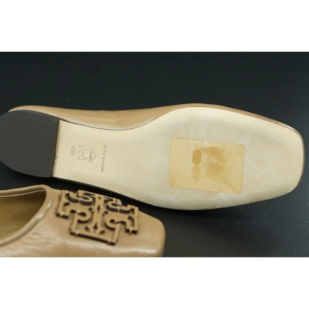 Tory Burch Ines Ballet Flat Leather Size 7.5 Square Toe Logo Tan Almond Rare